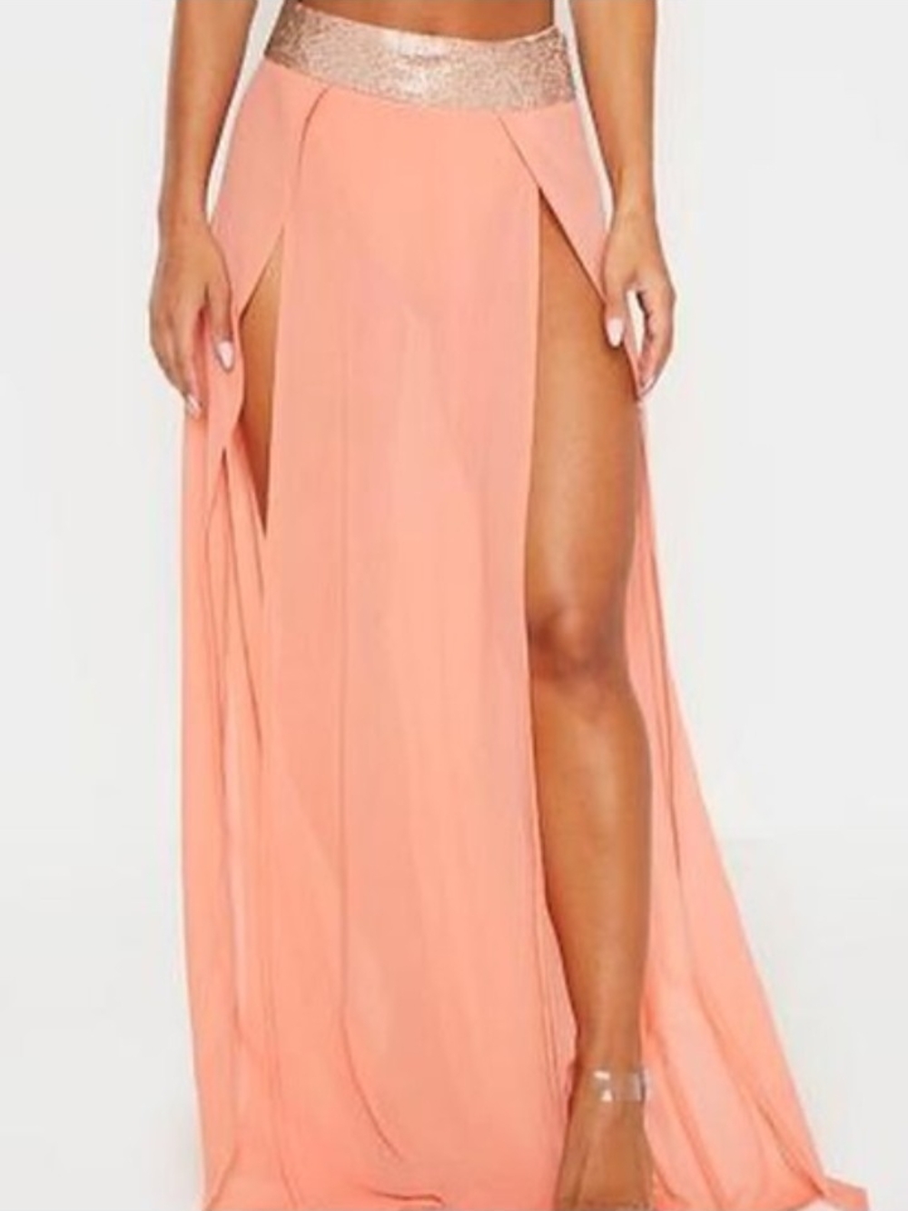 PrettyLittleThing Peach Maxi Skirt with Glitter Waistband